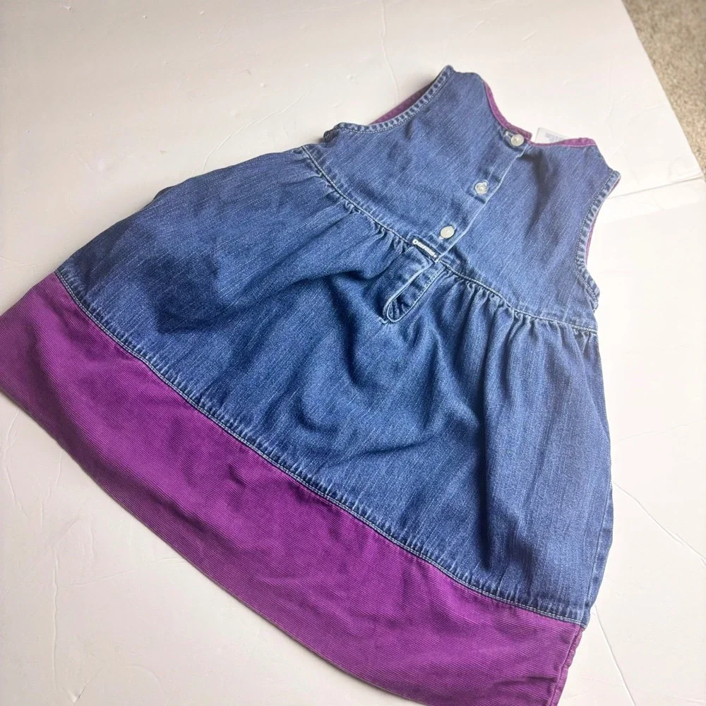 VINTAGE OshKosh Bgosh 3T‎ Denim Purple Corduroy Floral Embroidered Jumper Dress